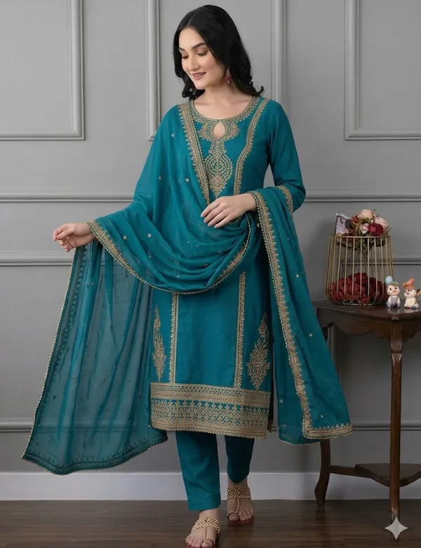 Teal_Rayon_Slub_Straight_Embroidered_Kurta_Set_For_Women