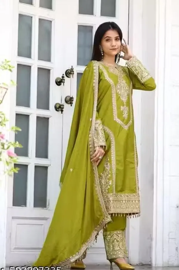 Olive_Green_Rayon_Slub_Straight_Embroidered_Kurta_Set_For_Women