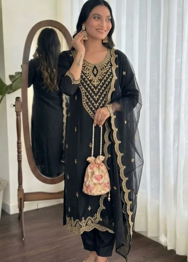 Black_Rayon_Slub_Straight_Embroidered_Kurta_Set_For_Women