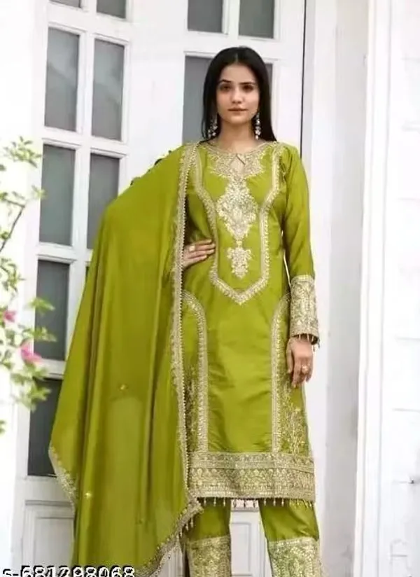 Olive_Green_Rayon_Slub_Straight_Embroidered_Kurta_Set_For_Women