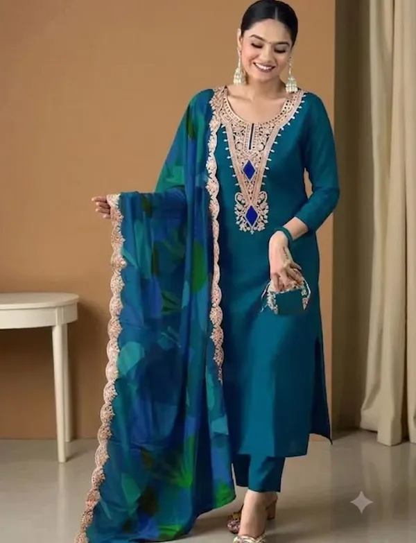 Teal_Rayon_Slub_Straight_Kurta_Set_For_Women