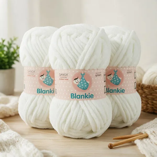 Ganga_Acrowools_HoGanga_Blankie_Chenille_Polyester_Yarn_Supersoft_Knitting_Wool_Ball,_(1_Ball/100_Gram_Each)_(BLK001_-_Optical_White_-_Pack_of_3