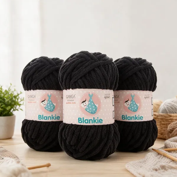 Ganga_Acrowools_HoGanga_Blankie_Chenille_Polyester_Yarn_Supersoft_Knitting_Wool_Ball,_(1_Ball/100_Gram_Each)_(_BLK035_-_Black_-_Pack_of_3
