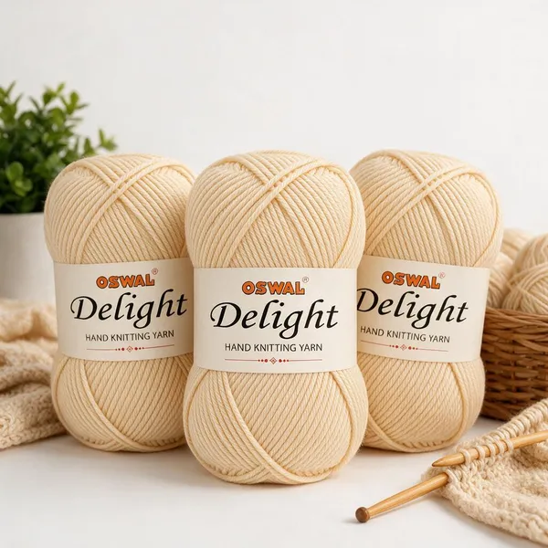Oswal_Delight_100%_Acrylic_Hand_Knitting_Yarn,_4_Ply,_8Nm_Count,_Soft_&_Durable_Wool_for_Knitting_&_Crochet,_Lightweight_&_Warm,_1ball-100g_each_,_Ideal_for_Sweaters,_Scarves,_Shawls_&_DIY_Craft_Projects_(Wheat_Shade_No-3,_100_Grams)