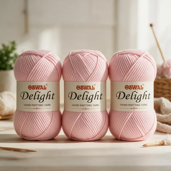 Oswal_Delight_100%_Acrylic_Hand_Knitting_Yarn,_4_Ply,_8Nm_Count,_Soft_&_Durable_Wool_for_Knitting_&_Crochet,_Lightweight_&_Warm,_1ball-100g_each_,_Ideal_for_Sweaters,_Scarves,_Shawls_&_DIY_Craft_Projects_(Baby_Pink_Shade_No-_5,_100_Grams)_-_Pack_of_3