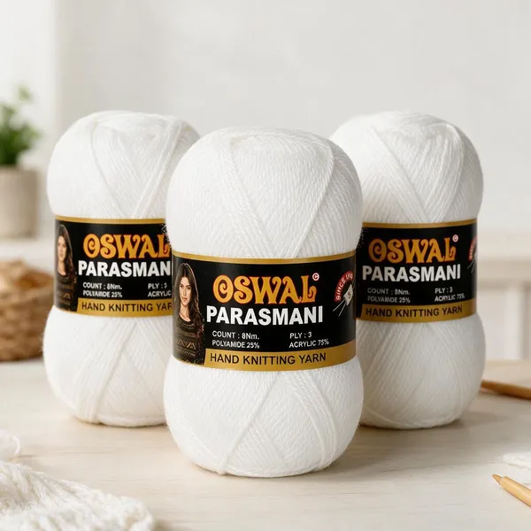 Oswal_Parasmani_Hand_Knitting_Yarn/Wool/Woollen_Thread,_3_Ply,__75%_Acrylic_&_25%_Polyamide,_(1_ball-100g_Each),_Very_Soft_Yarn_for,_Crochet,_Sweaters,_Shawls_&_Crafts_(Pure_White_–_Shade_24_-_Pack_of_3