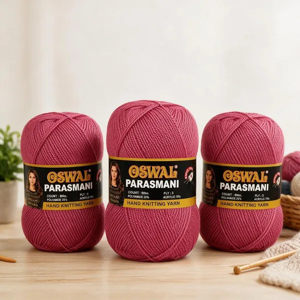 Oswal_Parasmani_Hand_Knitting_Yarn/Wool/Woollen_Thread,_3_Ply,__75%_Acrylic_&_25%_Polyamide,_(1_ball-100g_Each),_Very_Soft_Yarn_for,_Crochet,_Sweaters,_Shawls_&_Crafts_(Rose_Pink_–_Shade_54_-_Pack_of_3