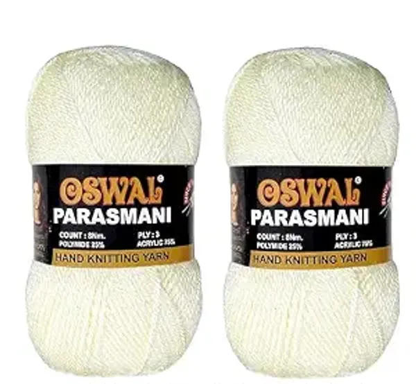 Oswal_Parasmani_Hand_Knitting_Yarn/Wool/Woollen_Thread,_3_Ply,__75%_Acrylic_&_25%_Polyamide,_(1_ball-100g_Each),_Very_Soft_Yarn_for,_Crochet,_Sweaters,_Shawls_&_Crafts_(Shade_01:_Snow_White_/_Light_Cream_-_Pack_of_3