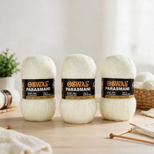 Oswal_Parasmani_Hand_Knitting_Yarn/Wool/Woollen_Thread,_3_Ply,__75%_Acrylic_&_25%_Polyamide,_(1_ball-100g_Each),_Very_Soft_Yarn_for,_Crochet,_Sweaters,_Shawls_&_Crafts_(Shade_01:_Snow_White_/_Light_Cream_-_Pack_of_3