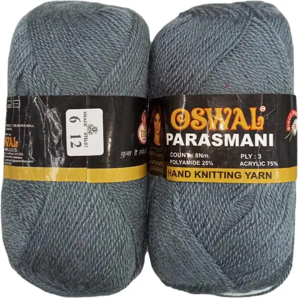 Oswal_Parasmani_Hand_Knitting_Yarn/Wool/Woollen_Thread,_3_Ply,__75%_Acrylic_&_25%_Polyamide,_(1_ball-100g_Each),_Very_Soft_Yarn_for,_Crochet,_Sweaters,_Shawls_&_Crafts_(_Shade_06:_Steel_Grey_-_Pack_of_3