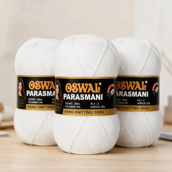 Oswal_Parasmani_Hand_Knitting_Yarn/Wool/Woollen_Thread,_3_Ply,__75%_Acrylic_&_25%_Polyamide,_(1_ball-100g_Each),_Very_Soft_Yarn_for,_Crochet,_Sweaters,_Shawls_&_Crafts_(Pure_White_–_Shade_24_-_Pack_of_3