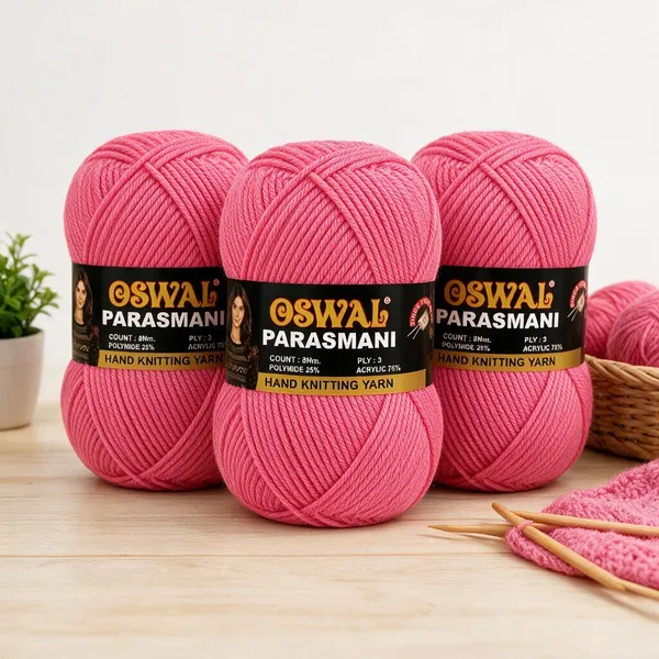 Oswal_Parasmani_Hand_Knitting_Yarn/Wool/Woollen_Thread,_3_Ply,__75%_Acrylic_&_25%_Polyamide,_(1_ball-100g_Each),_Very_Soft_Yarn_for,_Crochet,_Sweaters,_Shawls_&_Crafts_(Rose_Pink_–_Shade_11_-_Pack_of_3