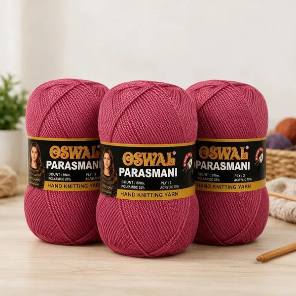 Oswal_Parasmani_Hand_Knitting_Yarn/Wool/Woollen_Thread,_3_Ply,__75%_Acrylic_&_25%_Polyamide,_(1_ball-100g_Each),_Very_Soft_Yarn_for,_Crochet,_Sweaters,_Shawls_&_Crafts_(Rose_Pink_–_Shade_54
