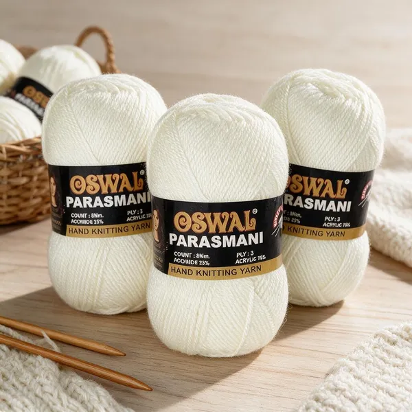 Oswal_Parasmani_Hand_Knitting_Yarn/Wool/Woollen_Thread,_3_Ply,__75%_Acrylic_&_25%_Polyamide,_(1_ball-100g_Each),_Very_Soft_Yarn_for,_Crochet,_Sweaters,_Shawls_&_Crafts_(Shade_01:_Snow_White_/_Light_Cream_-_Pack_of_3