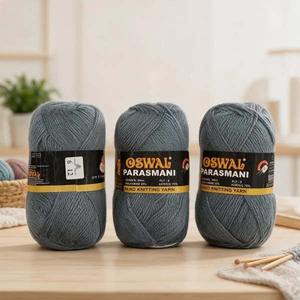 Oswal_Parasmani_Hand_Knitting_Yarn/Wool/Woollen_Thread,_3_Ply,__75%_Acrylic_&_25%_Polyamide,_(1_ball-100g_Each),_Very_Soft_Yarn_for,_Crochet,_Sweaters,_Shawls_&_Crafts_(_Shade_06:_Steel_Grey_-_Pack_of_3