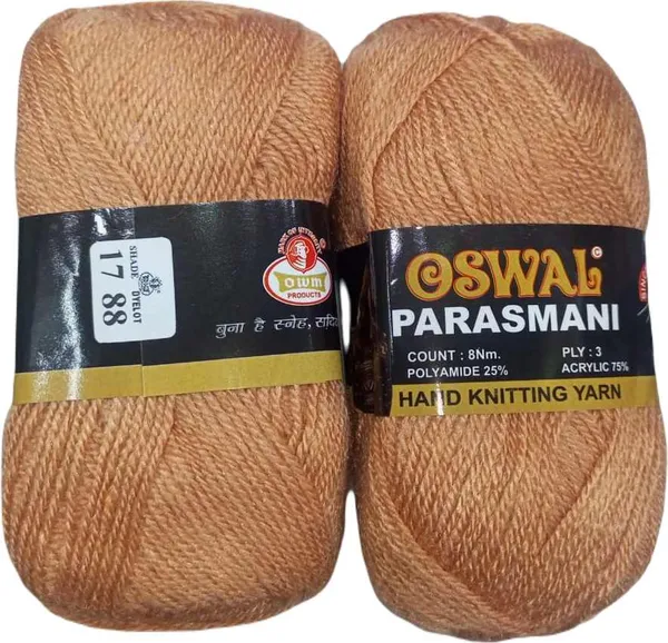 Oswal_Parasmani_Hand_Knitting_Yarn/Wool/Woollen_Thread,_3_Ply,__75%_Acrylic_&_25%_Polyamide,_(1_ball-100g_Each),_Very_Soft_Yarn_for,_Crochet,_Sweaters,_Shawls_&_Crafts_(_Shade_17:_Peach_(Light)_-_Pack_of_3