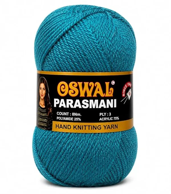 Oswal_Parasmani_Hand_Knitting_Yarn/Wool/Woollen_Thread,_3_Ply,__75%_Acrylic_&_25%_Polyamide,_(1_ball-100g_Each),_Very_Soft_Yarn_for,_Crochet,_Sweaters,_Shawls_&_Crafts_(_Shade_18:_Turquoise_Blue_/_Peacock_Blue_(Light)
