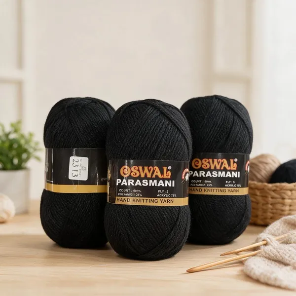Oswal_Parasmani_Hand_Knitting_Yarn/Wool/Woollen_Thread,_3_Ply,__75%_Acrylic_&_25%_Polyamide,_(1_ball-100g_Each),_Very_Soft_Yarn_for,_Crochet,_Sweaters,_Shawls_&_Crafts_(Shade_23:_Black