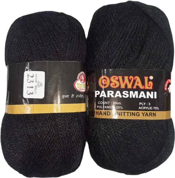 Oswal_Parasmani_Hand_Knitting_Yarn/Wool/Woollen_Thread,_3_Ply,__75%_Acrylic_&_25%_Polyamide,_(1_ball-100g_Each),_Very_Soft_Yarn_for,_Crochet,_Sweaters,_Shawls_&_Crafts_(Shade_23:_Black