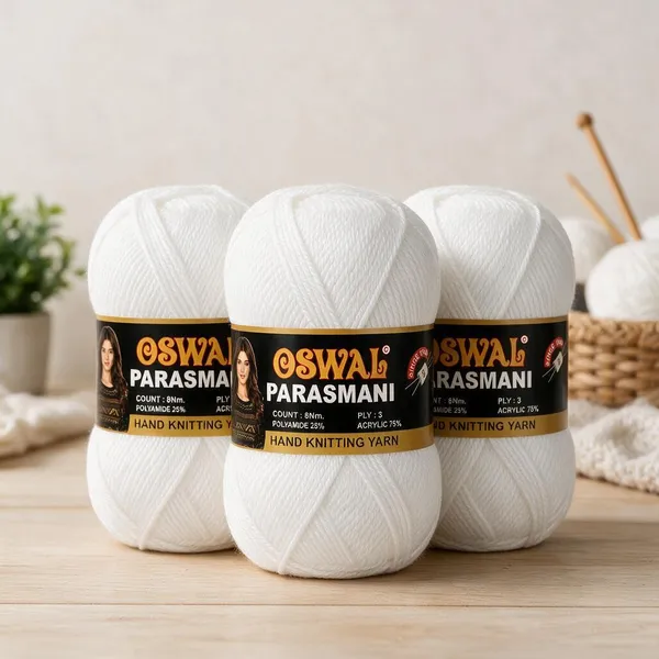 Oswal_Parasmani_Hand_Knitting_Yarn/Wool/Woollen_Thread,_3_Ply,__75%_Acrylic_&_25%_Polyamide,_(1_ball-100g_Each),_Very_Soft_Yarn_for,_Crochet,_Sweaters,_Shawls_&_Crafts_(_Shade_24:_Pure_White
