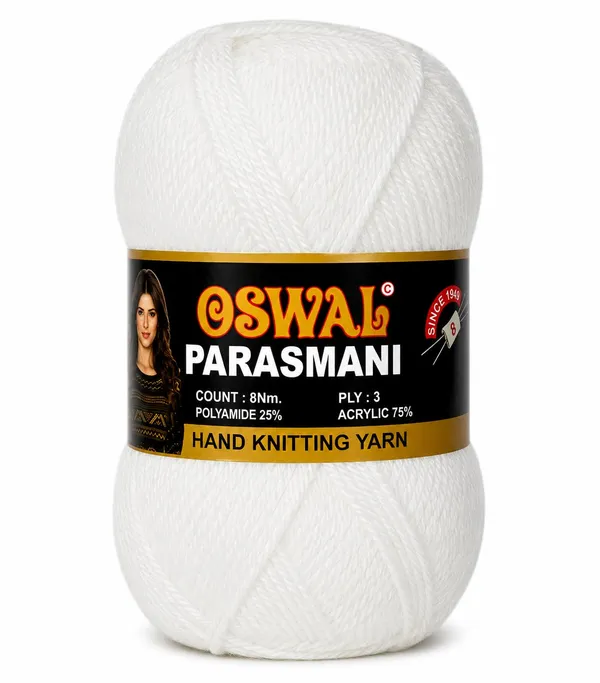 Oswal_Parasmani_Hand_Knitting_Yarn/Wool/Woollen_Thread,_3_Ply,__75%_Acrylic_&_25%_Polyamide,_(1_ball-100g_Each),_Very_Soft_Yarn_for,_Crochet,_Sweaters,_Shawls_&_Crafts_(_Shade_24:_Pure_White