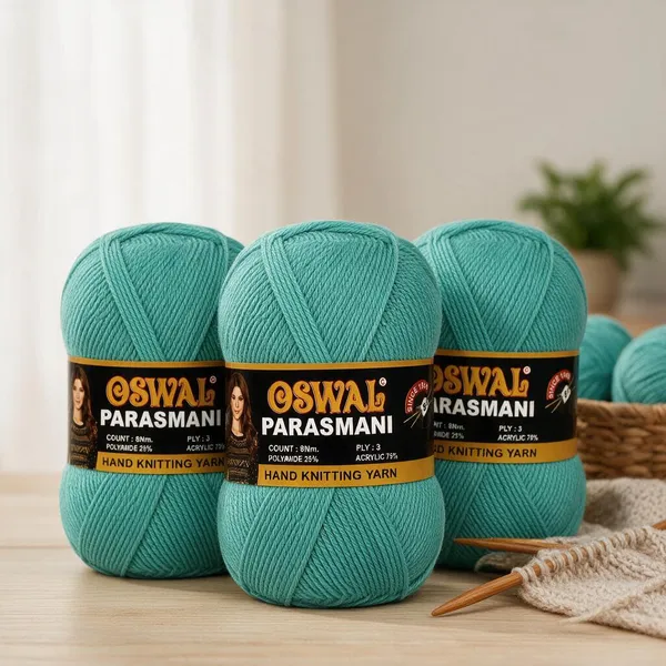 Oswal_Parasmani_Hand_Knitting_Yarn/Wool/Woollen_Thread,_3_Ply,__75%_Acrylic_&_25%_Polyamide,_(1_ball-100g_Each),_Very_Soft_Yarn_for,_Crochet,_Sweaters,_Shawls_&_Crafts_(Shade_28:_Teal_/_Peacock_Green_(Light)_-_Pack_of_3
