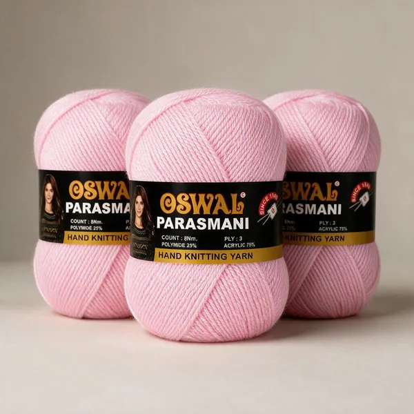 Oswal_Parasmani_Hand_Knitting_Yarn/Wool/Woollen_Thread,_3_Ply,__75%_Acrylic_&_25%_Polyamide,_(1_ball-100g_Each),_Very_Soft_Yarn_for,_Crochet,_Sweaters,_Shawls_&_Crafts_(Shade_39:_Baby_Pink