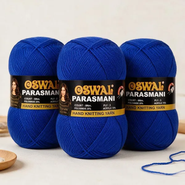 Oswal_Parasmani_Hand_Knitting_Yarn/Wool/Woollen_Thread,_3_Ply,__75%_Acrylic_&_25%_Polyamide,_(1_ball-100g_Each),_Very_Soft_Yarn_for,_Crochet,_Sweaters,_Shawls_&_Crafts_(_Shade_40:_Royal_Blue_/_Turquoise_Blue_(Dark)_-_Pack_of_3