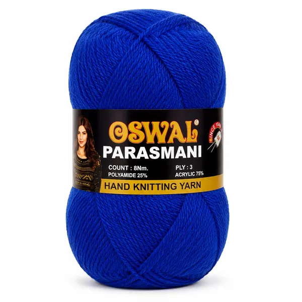Oswal_Parasmani_Hand_Knitting_Yarn/Wool/Woollen_Thread,_3_Ply,__75%_Acrylic_&_25%_Polyamide,_(1_ball-100g_Each),_Very_Soft_Yarn_for,_Crochet,_Sweaters,_Shawls_&_Crafts_(_Shade_40:_Royal_Blue_/_Turquoise_Blue_(Dark)_-_Pack_of_3