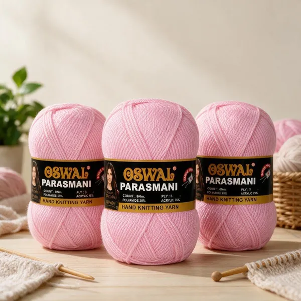 Oswal_Parasmani_Hand_Knitting_Yarn/Wool/Woollen_Thread,_3_Ply,__75%_Acrylic_&_25%_Polyamide,_(1_ball-100g_Each),_Very_Soft_Yarn_for,_Crochet,_Sweaters,_Shawls_&_Crafts_(_Shade_48:_Light_Pink_-_Pack_of_3