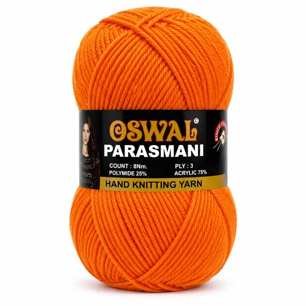 Oswal_Parasmani_Hand_Knitting_Yarn/Wool/Woollen_Thread,_3_Ply,__75%_Acrylic_&_25%_Polyamide,_(1_ball-100g_Each),_Very_Soft_Yarn_for,_Crochet,_Sweaters,_Shawls_&_Crafts_(Shade_57:_Bright_Candy_Orange