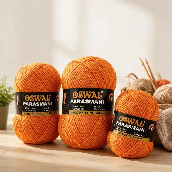 Oswal_Parasmani_Hand_Knitting_Yarn/Wool/Woollen_Thread,_3_Ply,__75%_Acrylic_&_25%_Polyamide,_(1_ball-100g_Each),_Very_Soft_Yarn_for,_Crochet,_Sweaters,_Shawls_&_Crafts_(Shade_57:_Bright_Candy_Orange