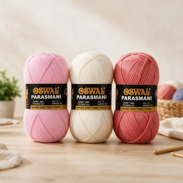 Oswal_Parasmani_Hand_Knitting_Yarn/Wool/Woollen_Thread,_3_Ply,__75%_Acrylic_&_25%_Polyamide,_(1_ball-100g_Each),_Very_Soft_Yarn_for,_Crochet,_Sweaters,_Shawls_&_Crafts_(Shade_64:_Soft_Baby_Pink_-_Pack_of_3