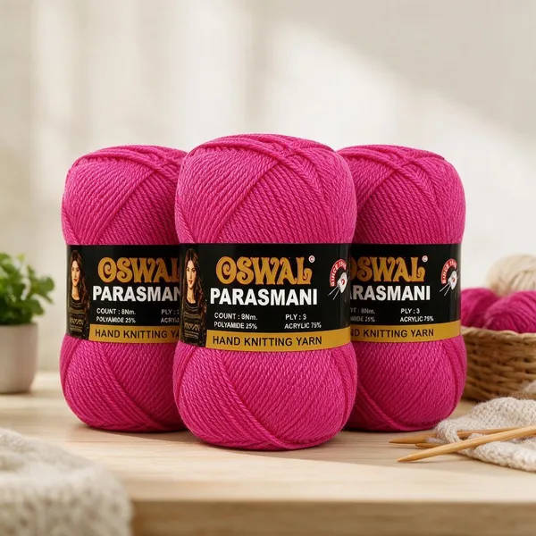 Oswal_Parasmani_Hand_Knitting_Yarn/Wool/Woollen_Thread,_3_Ply,__75%_Acrylic_&_25%_Polyamide,_(1_ball-100g_Each),_Very_Soft_Yarn_for,_Crochet,_Sweaters,_Shawls_&_Crafts_(Shade_66:_Fuchsia_Pink_/_Light_Magenta_-_Pack_of_3