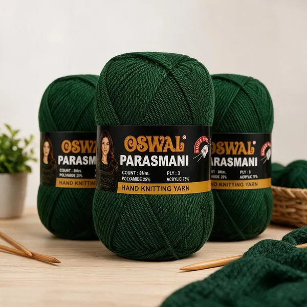 Oswal_Parasmani_Hand_Knitting_Yarn/Wool/Woollen_Thread,_3_Ply,__75%_Acrylic_&_25%_Polyamide,_(1_ball-100g_Each),_Very_Soft_Yarn_for,_Crochet,_Sweaters,_Shawls_&_Crafts_(Shade_79:_Green_(Dark)_-_Pack_of_3