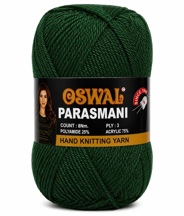 Oswal_Parasmani_Hand_Knitting_Yarn/Wool/Woollen_Thread,_3_Ply,__75%_Acrylic_&_25%_Polyamide,_(1_ball-100g_Each),_Very_Soft_Yarn_for,_Crochet,_Sweaters,_Shawls_&_Crafts_(Shade_79:_Green_(Dark)_-_Pack_of_3