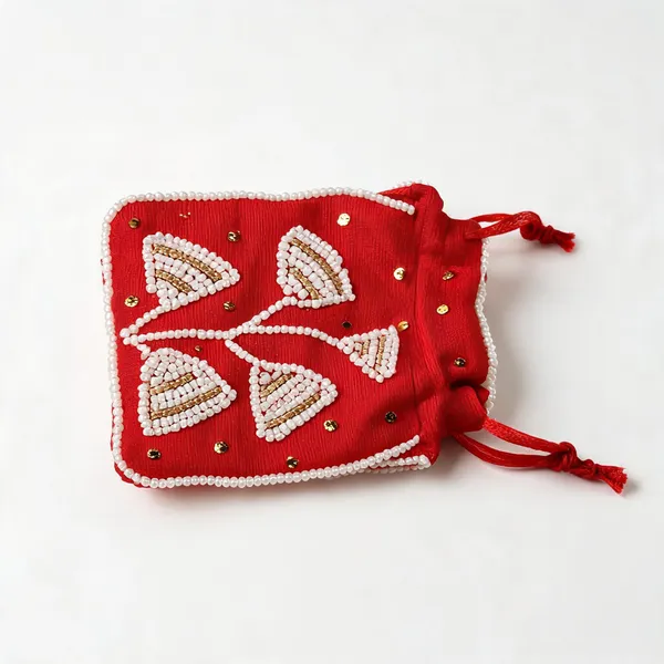 Red_Poly_Silk_Beaded_Drawstring_Potli_Bag_For_Women