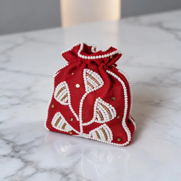 Red_Poly_Silk_Beaded_Drawstring_Potli_Bag_For_Women
