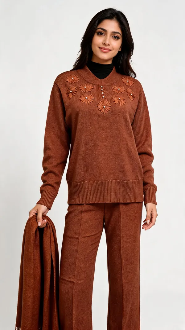 Brown_Woolen_Floral_Embellished_Regular_Fit_Co-Ord_Set_For_Women