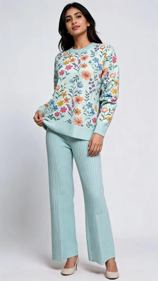 Light_Blue_Woolen_Floral_Print_Knit_Co-Ord_Set_For_Women