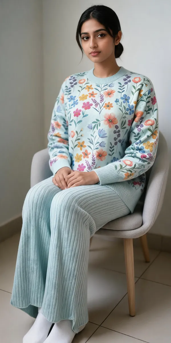Light_Blue_Woolen_Floral_Print_Knit_Co-Ord_Set_For_Women