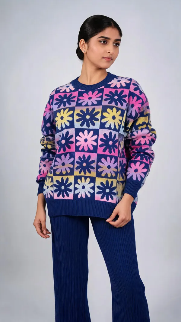 Blue_Woolen_Floral_Print_Knit_Co-Ord_Set_For_Women