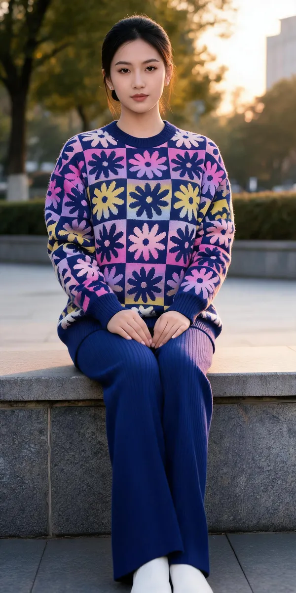 Blue_Woolen_Floral_Print_Knit_Co-Ord_Set_For_Women