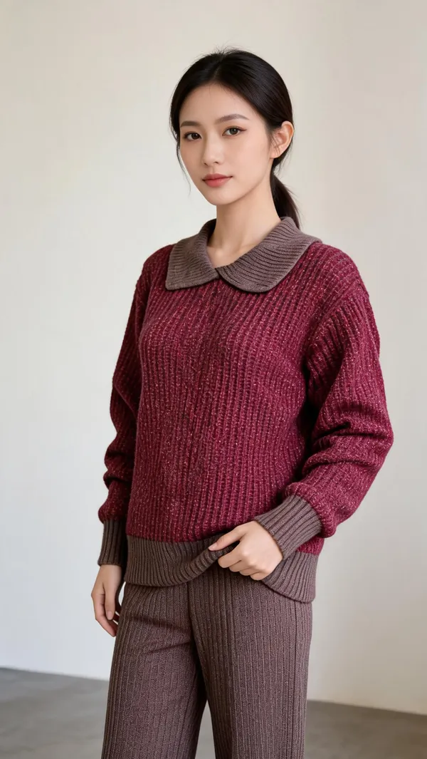Maroon_Woolen_Knit_Collared_Relaxed_Fit_Co-Ord_Set_For_Women