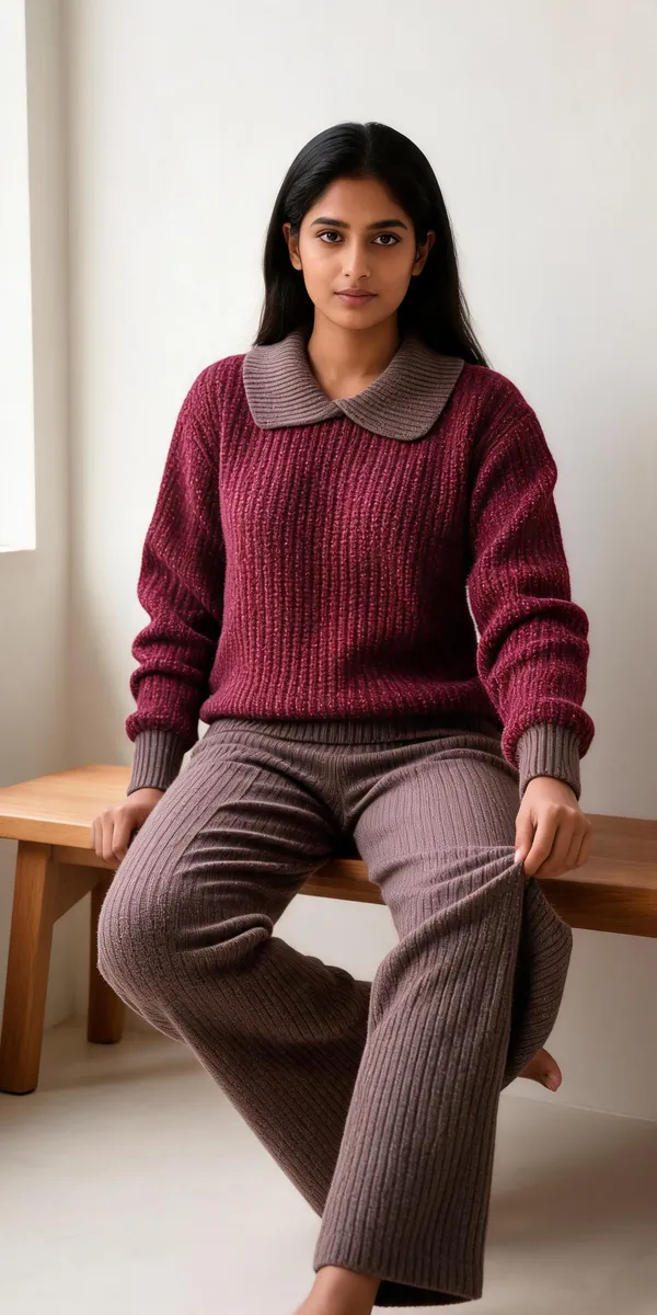 Maroon_Woolen_Knit_Collared_Relaxed_Fit_Co-Ord_Set_For_Women