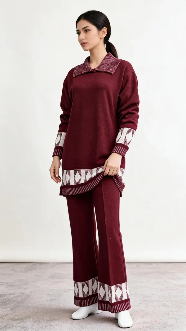 Maroon_Woolen_Embellished_Co-Ord_Set_For_Women