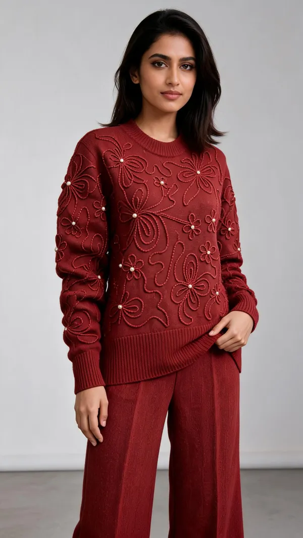 Maroon_Woolen_Regular_Fit_Floral_Embroidered_Co-Ord_Set_For_Women