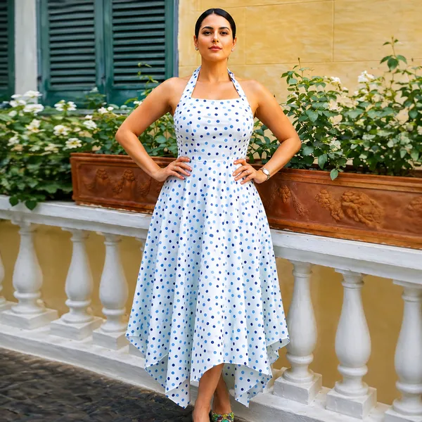 White_Cotton_Polka_Dot_Asymmetrical_Tie-Up_Dress_For_Women