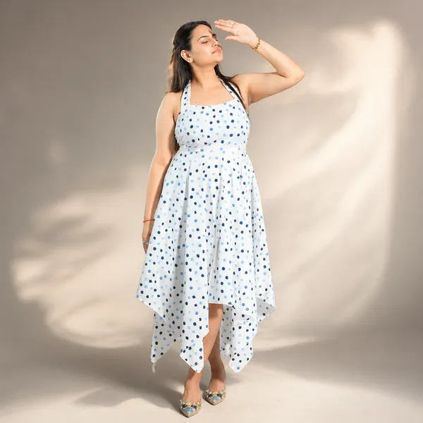 White_Cotton_Polka_Dot_Asymmetrical_Tie-Up_Dress_For_Women