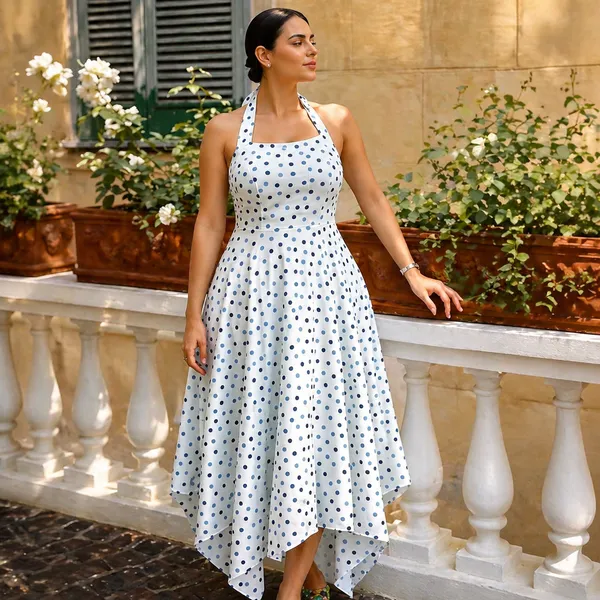 White_Cotton_Polka_Dot_Asymmetrical_Tie-Up_Dress_For_Women